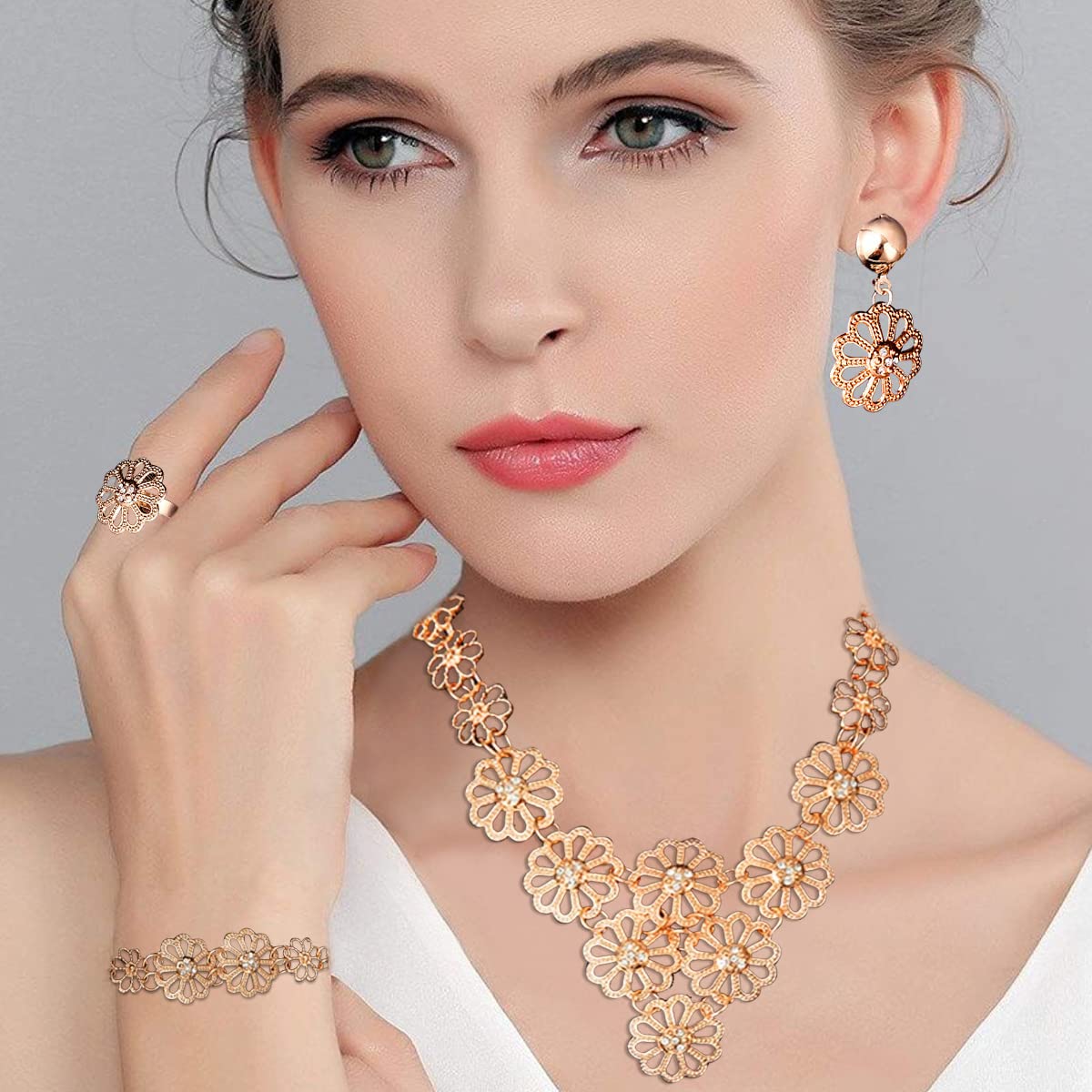 SANNIDHI Jewellery Set for Women and Girls, Women Necklace Bracelet Ring Earring Heavy Duty Metal Jewelry Set, Hollowed Flower Design 18K Gold-plated Pendant Long Oxidized Necklace Set for Women Gift SANNIDHI Jewellery Set for Women and Girls, Women Necklace Bracelet Ring Earring Heavy Duty Metal Jewelry Set, Hollowed Flower Design 18K Gold-plated Pendant Long Oxidized Necklace Set for Women Gift